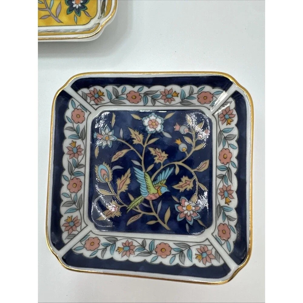 Set of 3 Takahashi 1983 Silk Road Trinket Dish Floral Bird Hand Decorated 3.25”